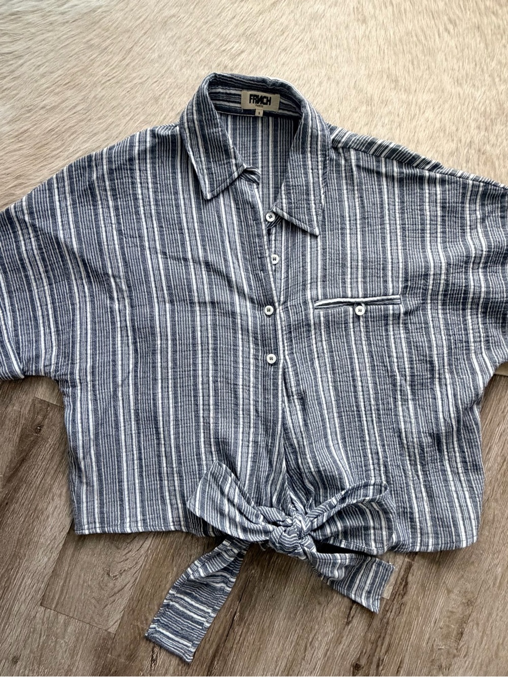 NWOT FRNCH Blue and White Striped Tie-Front Button Down Shirt
